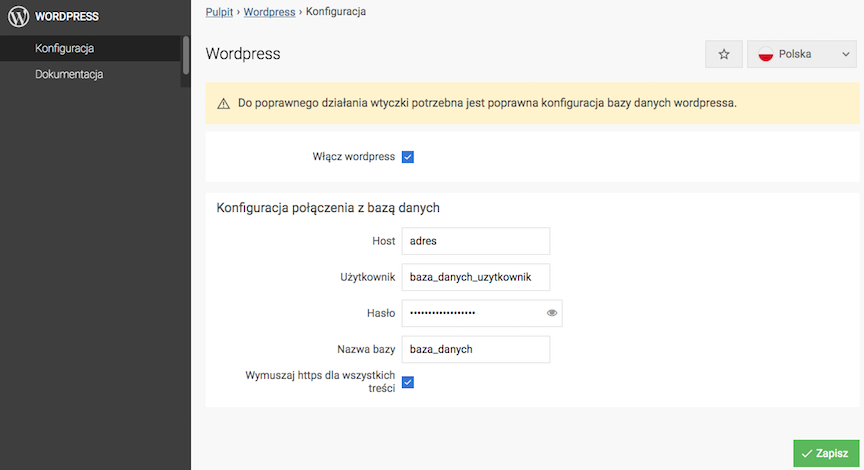 Wordpress w panelu SOTESHOP Konfiguracja bazy danych Wordpress do wtyczki