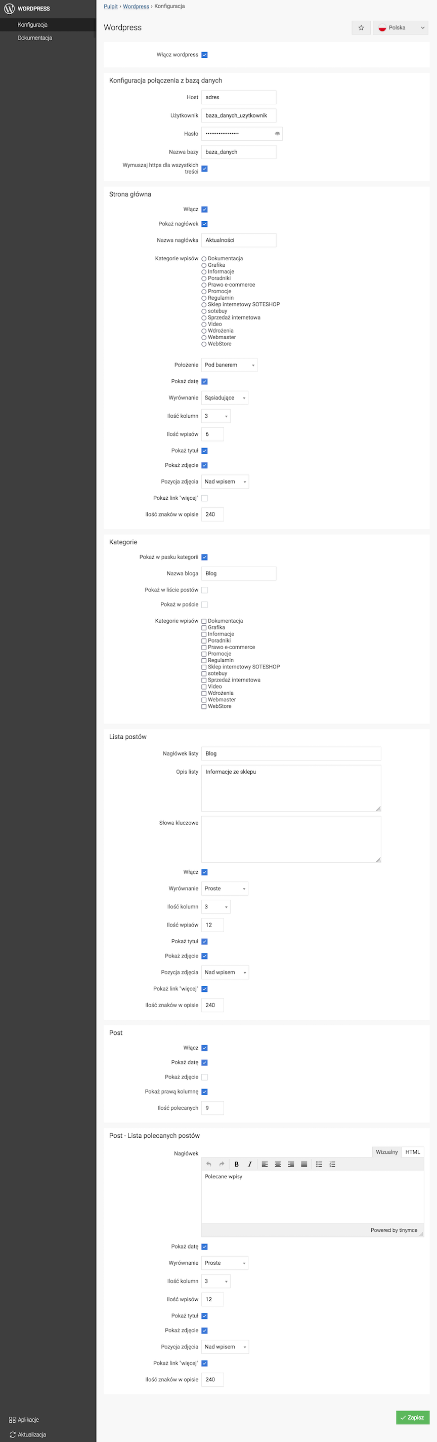Konfiguracja wtyczki Wordpress